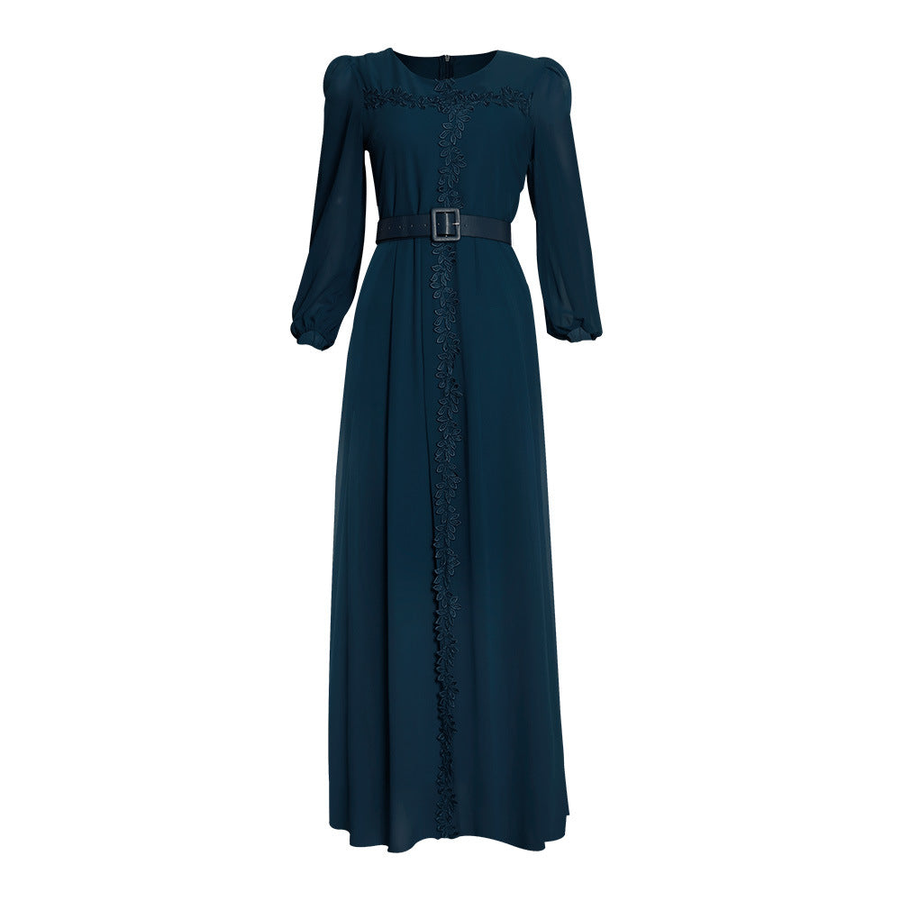 Fashion cross-border supply  long skirt long sleeves african plus size women's clothing elegantwork clothing chiffon dress belt