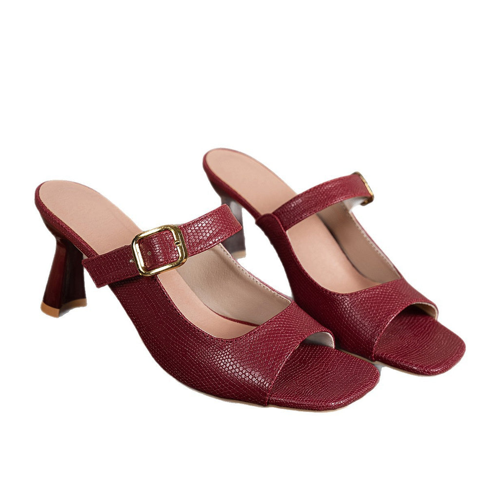 plus size high-heeled sandals for women 2026 summernew arrivalfashion belt buckle grids pattern square toe stiletto sandals for women