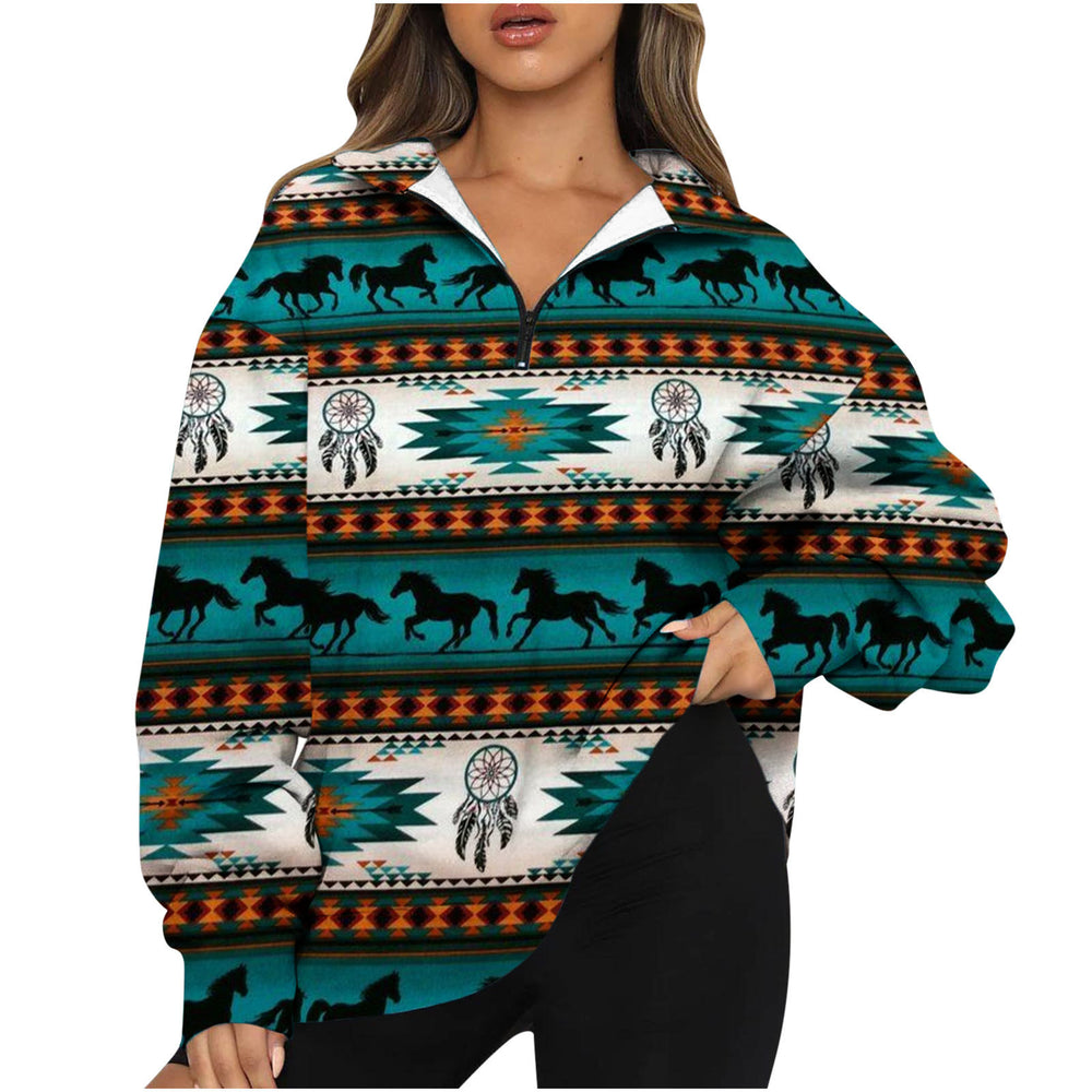 new european and american style  print top - women's half-zip pullover long sleeve sweatshirt