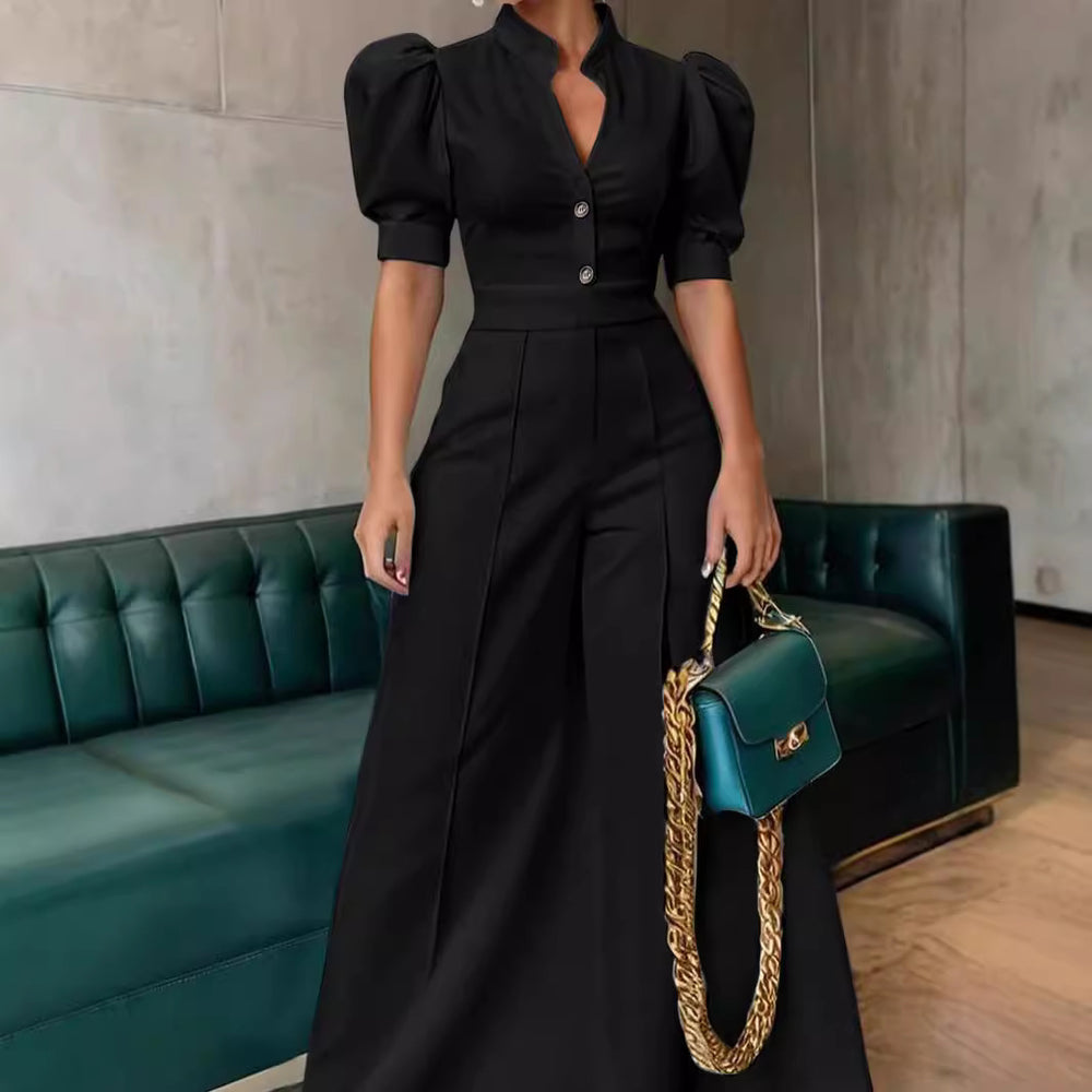 Amazon cross-border foreign trade spring & fall v-neck fashion jumpsuit women's waist short-sleeved wide-leg pants commuter style slimming look