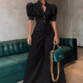 Amazon cross-border foreign trade spring & fall v-neck fashion jumpsuit women's waist short-sleeved wide-leg pants commuter style slimming look