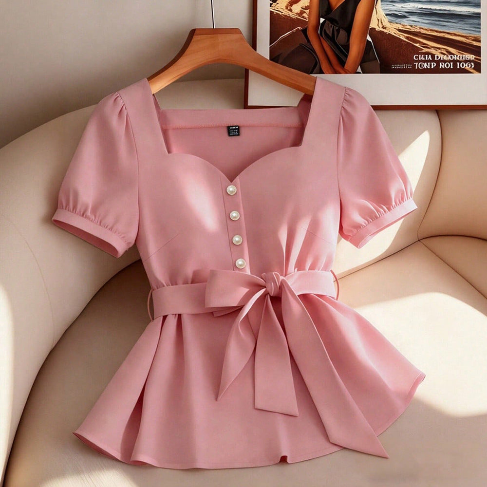 Simple square neck heart-shaped collar solid color blouse with puff sleeves and belted waist – slimming and elegant women's apparel, 1688 source