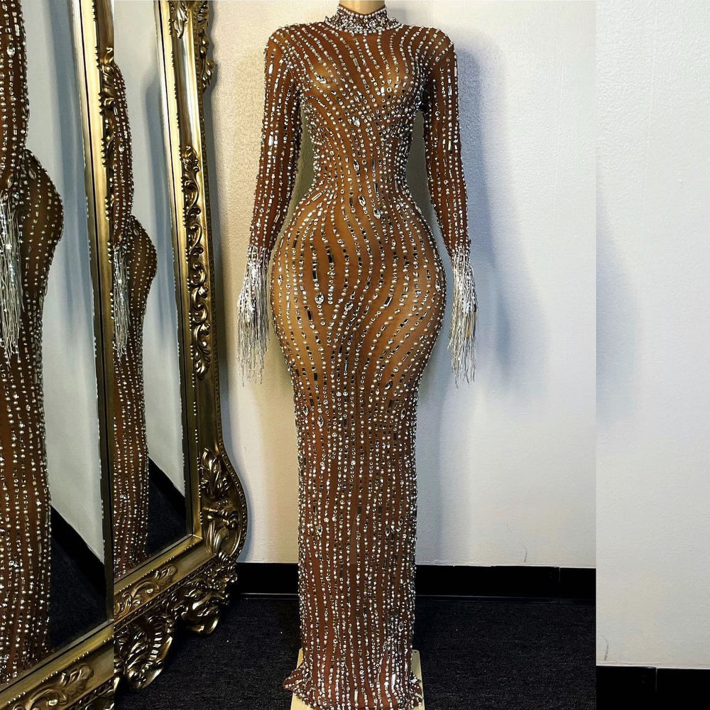 supply custom high-end rhinestone mesh elastic european and american african sexy slim dress in stock