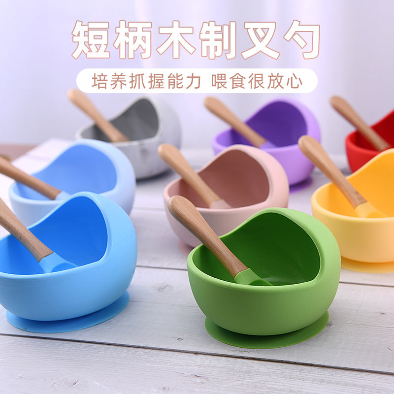 Food grade silicone tableware bowl Suction cup type baby bowl Supplementary food learning to eat Solid color silicone set Baby feeding bowl