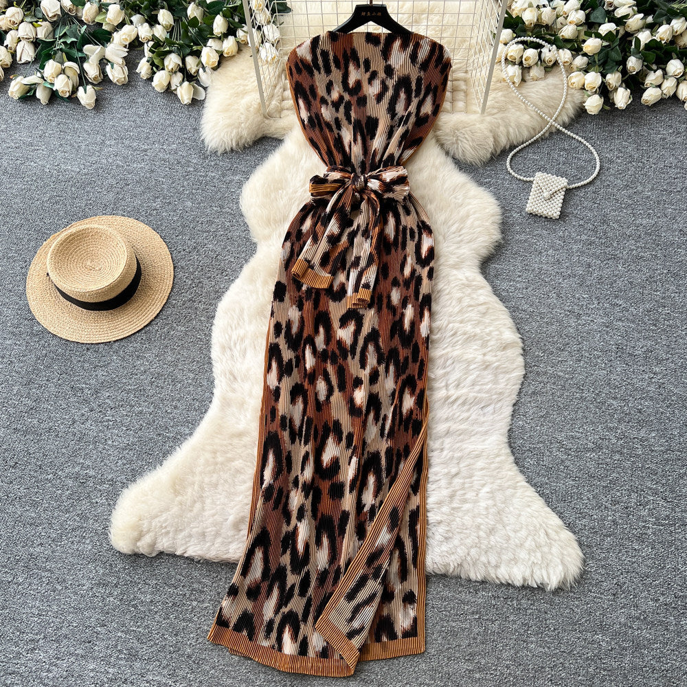 New chinese style printed pleated dress - women's summer new arrival: sleeveless, high-waisted, slim-fit, figure-flattering maxi dress with elegant flair