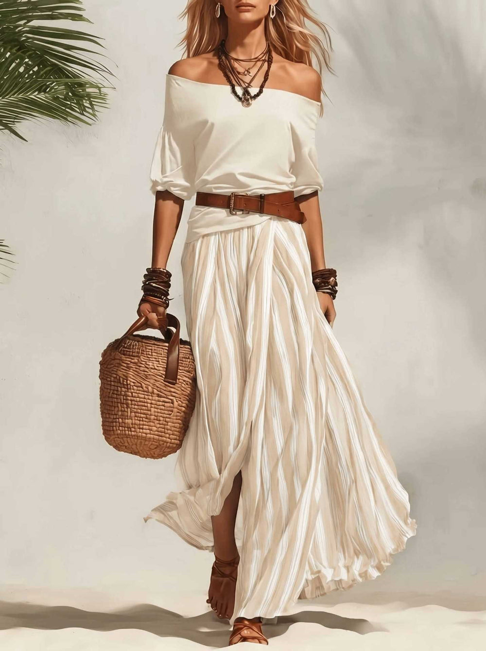 spring/summer new european and american cross-border nautical resort style off-shoulder top and slit skirt women's set