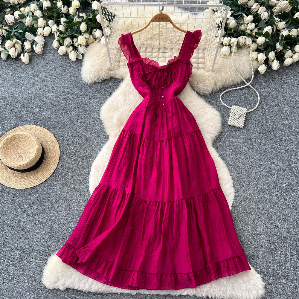 French romantic style spaghetti strap playful sleeveless dress - women's summer tie-waist slimming a-line cake dress - vacation style