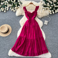 French romantic style spaghetti strap playful sleeveless dress - women's summer tie-waist slimming a-line cake dress - vacation style