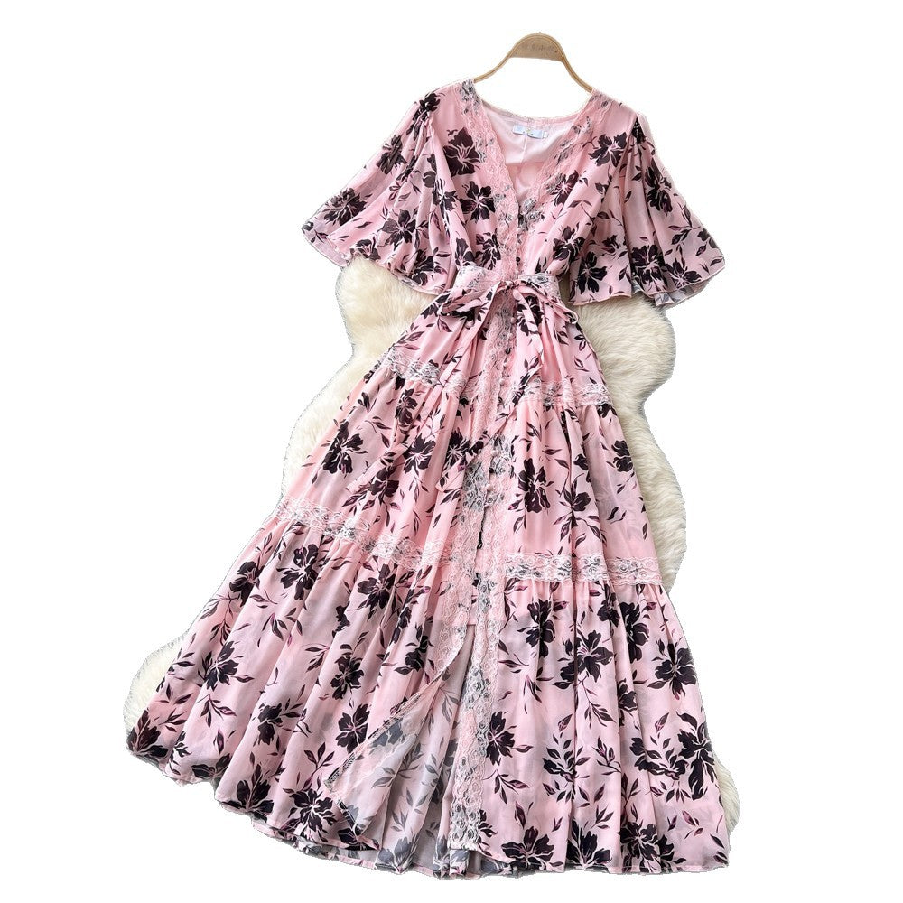 elegance floral v necklacepatchworkdress women's summer short sleeve waist slimming lookruffleselegant long skirt
