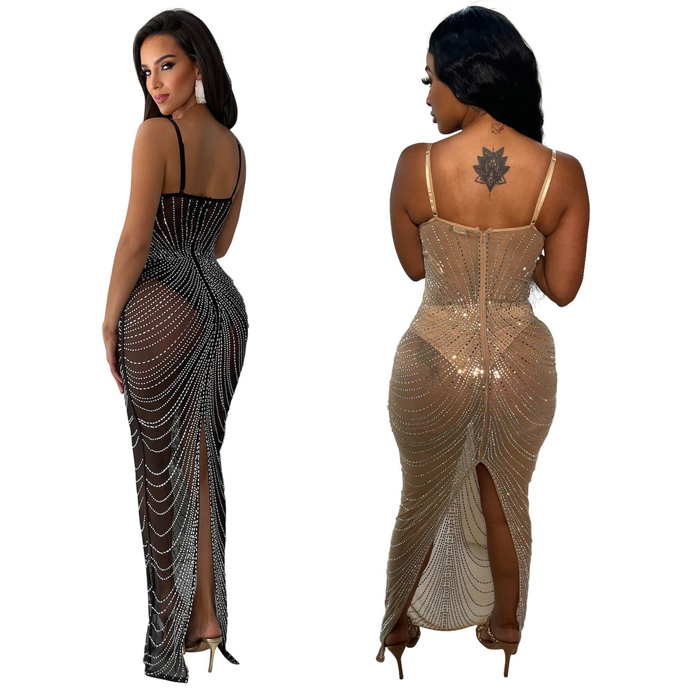 C6613 cross-border   fashion women's solid color mesh rhinestone camisole maxi dress