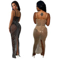 C6613 cross-border   fashion women's solid color mesh rhinestone camisole maxi dress