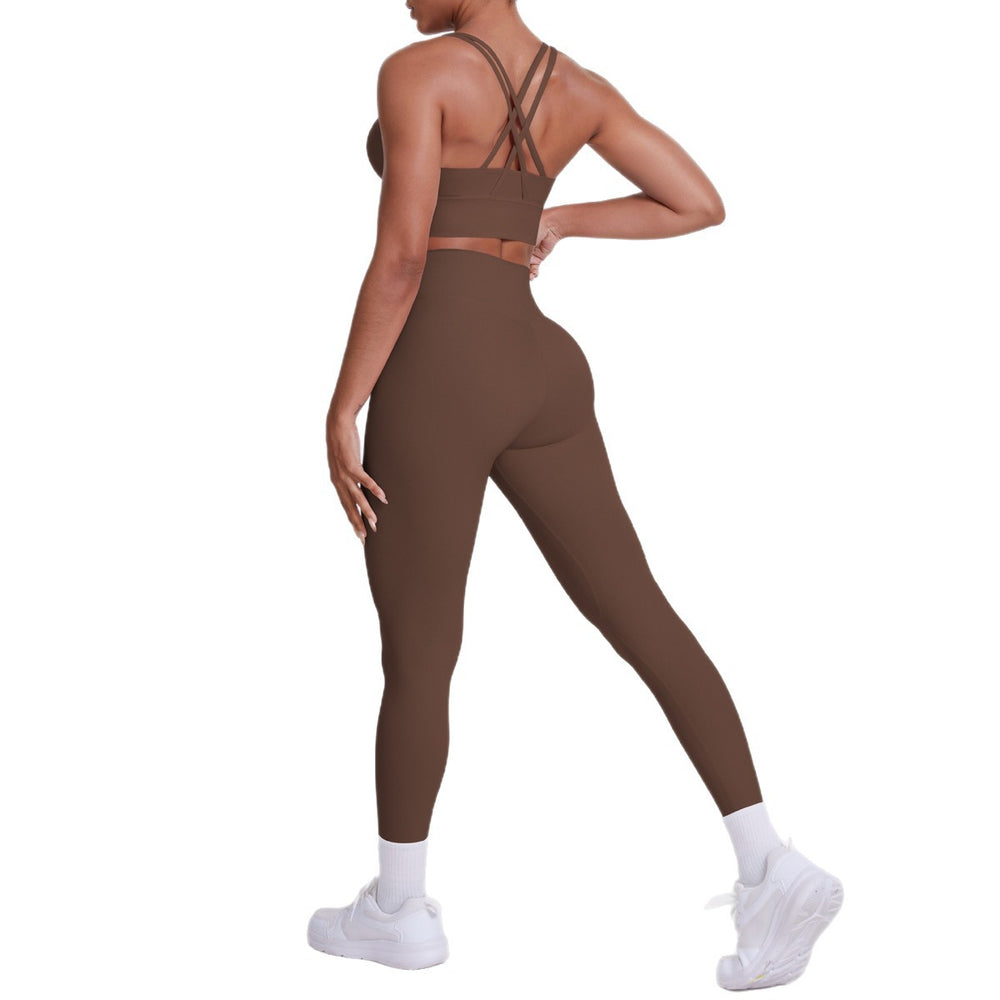 Fashion cross-border nude brushed cross back bra casual sports hip lifting pants fitness yoga clothes two-piece set