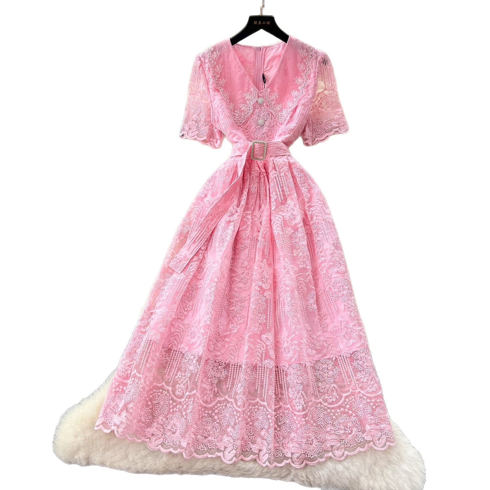 Frenchclassyheavy industry lace doll collar short sleeve waist embroiderdress women's summer slimming lookelegantlong skirt