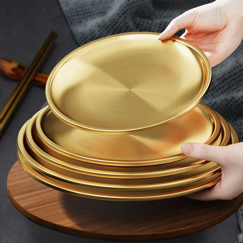 Food grade stainless steel barbecue plate for homegold plate round thickened double layer buffet plate dish bone dish tray
