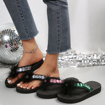 2024 summer casual rhinestone flip-flops women's turkey feather flat sandals real fur elegant lazy beach slippers trendy