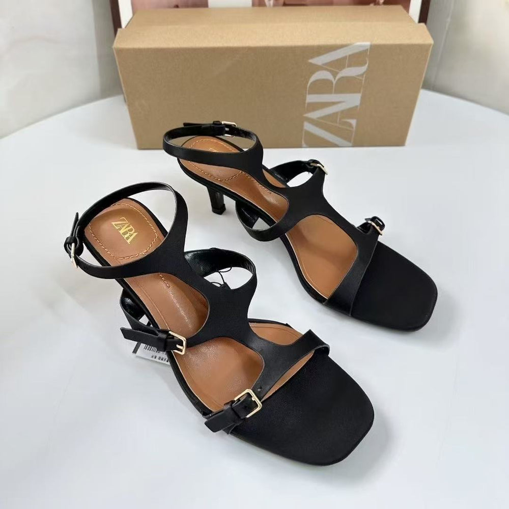Za2025 new spanish black women's fashionable low-cut open-toe back-tie stiletto thong heel sandals