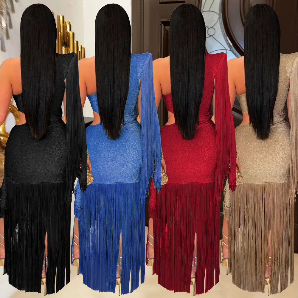 C7428 cross-border   fashion women's sexy casual one-shoulder tassel maxi dress