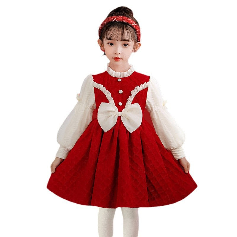 Hot-selling girls' dresses in stock: festive red new year outfit with plush lining - stylish and trendy winter wear for kids