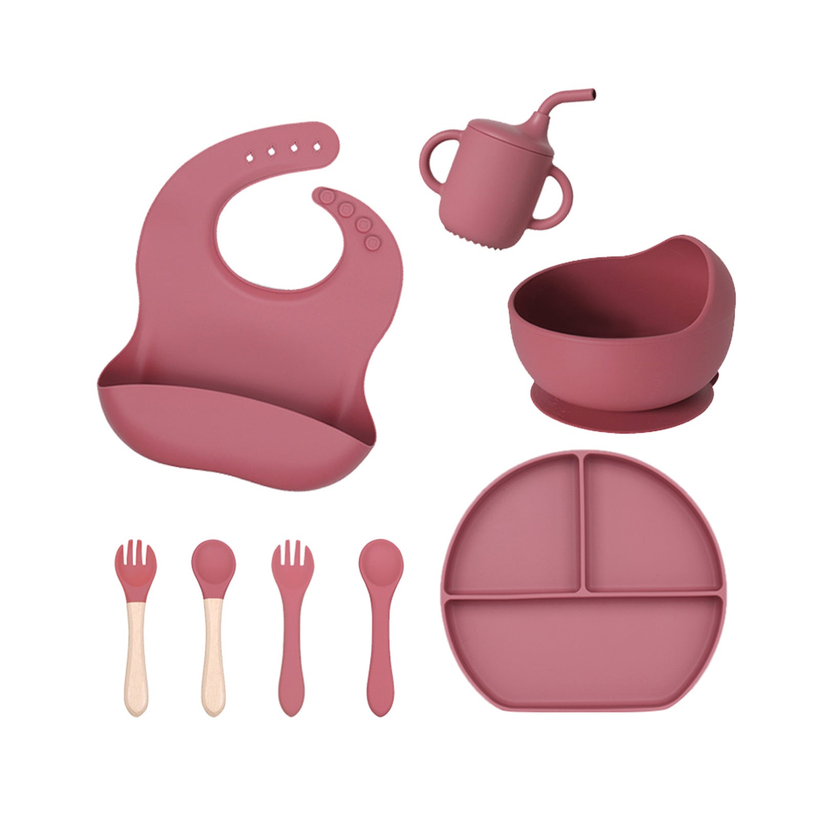 Baby silicone tableware 6-piece set Children's silicone bowl Suction cup Plate Water cup Wooden handle Fork spoon Wholesale Spot tableware