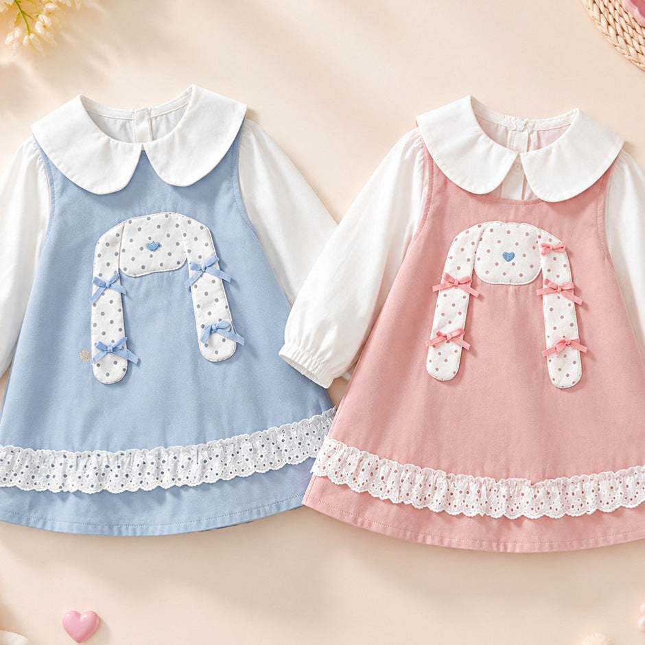 Girls' dress - spring/autumn  new collection - baby girl faux two-piece doll collar princess dress - stylish bunny dress for toddlers