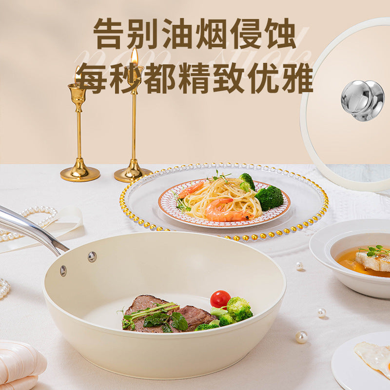 ceramic non-stick wok, household uncoated small white pot, flat-bottomed pan, stir-fry pan, suitable for gas and induction cooktops