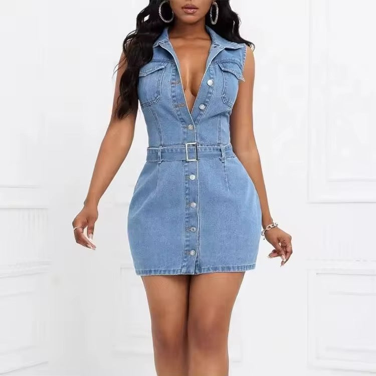 women's dress, summer, single-breasted, european and american style, lapel, sleeveless, cinched waist, a-line, fashionable denim dress