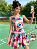 girls' activewear set: colorful geometric camo sleeveless tank top & high-waisted faux two-piece skirt - kids' two-piece outfit