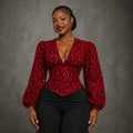 European and american cross-border african women's clothing  summer new arrival: elegant v-neck printed bubble sleeve tie-waist blouse