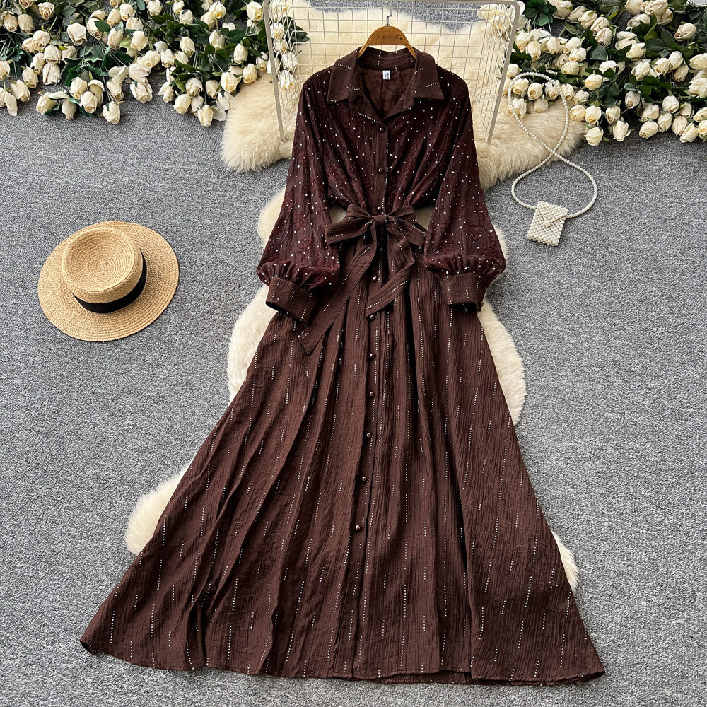 Frenchretro lapel lantern sleeve sequindress women's summerk-style strap waist slimming look long skirt work clothing