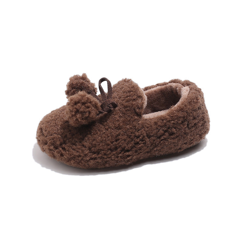 Children's hair ball one-pedal velvet cotton shoes 2025 autumn and winter new Korean version thickened warm girls' hair shoes