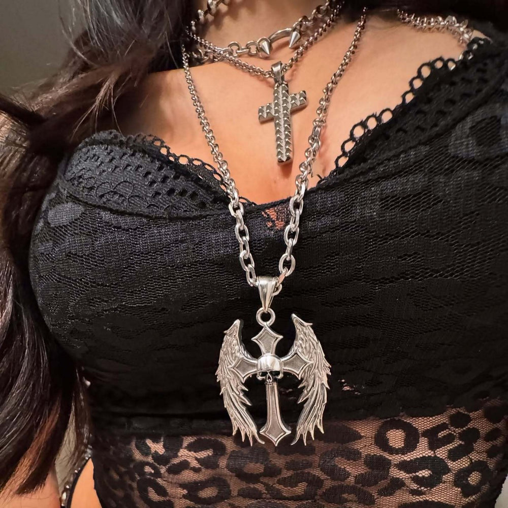 Wholesale cross pendant necklaces - cross-border creative halloween necklaces - layered design angel & devil clavicle chains