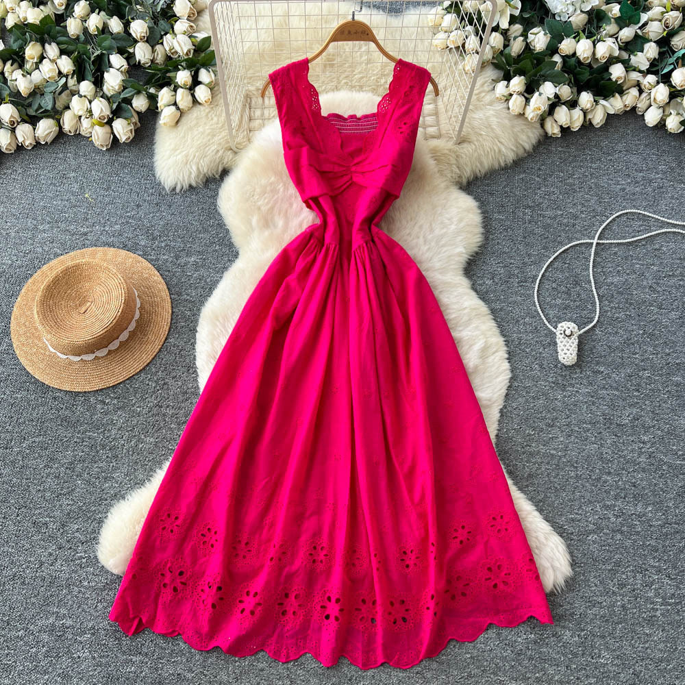 French red cut out sleeveless silmdress women's summer pure desire style high waist slimming lookelegant vacation style a-line skirt