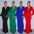 C6796 cross-border   fashion women's solid color sexy deep v ruched maxi dress
