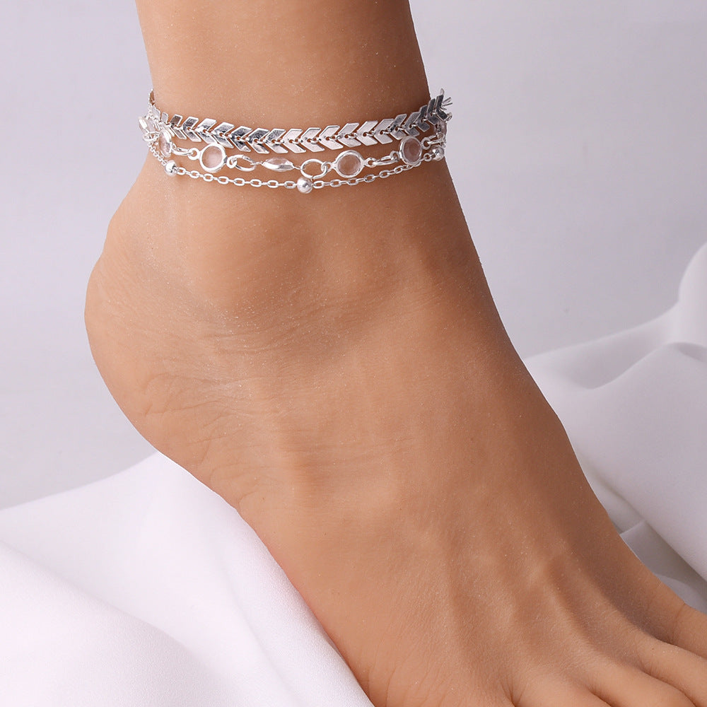 European and american cross-border trendy fashion fishbone chain anklet summer beach anklet women's beaded chain arrow zircon three-piece anklet set