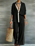 Exportplus size relaxation work clothing set retro gray linen shirt elastic waist side strips wide leg pants two-piece set