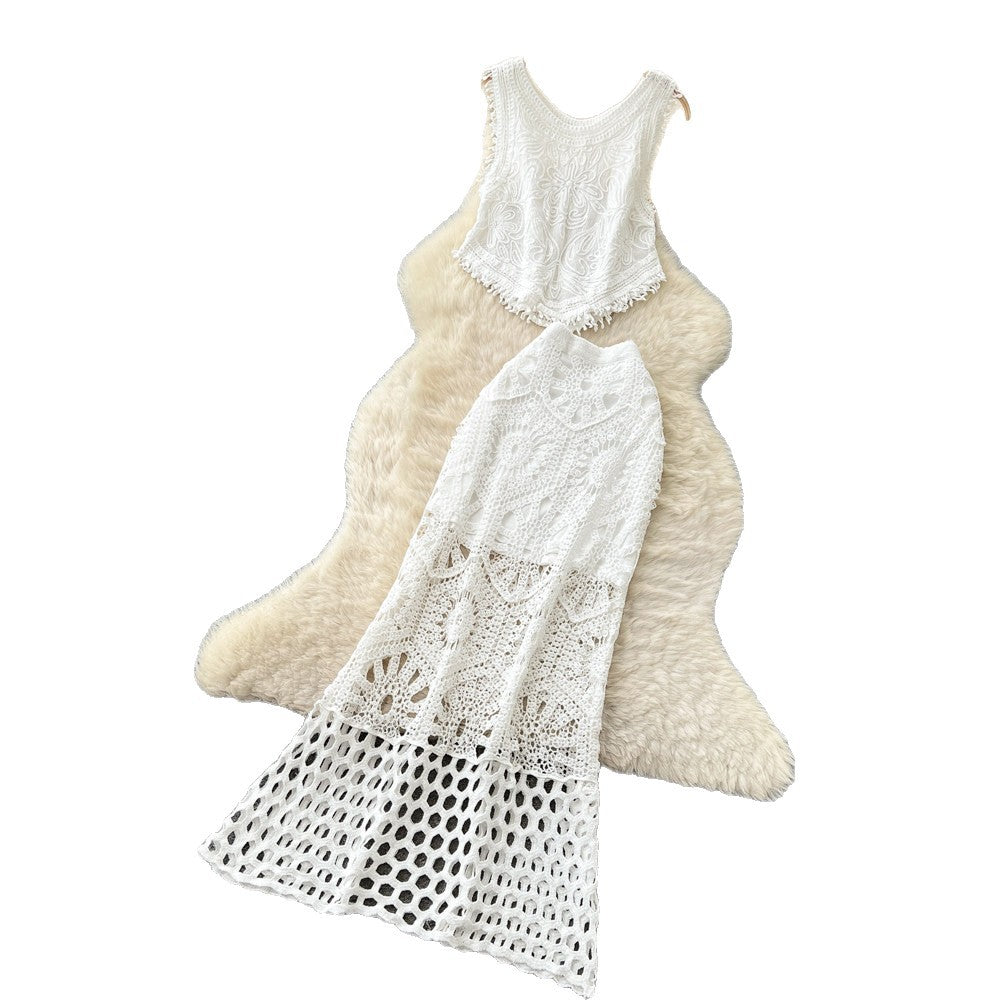 Hollow hook lace vest skirt two-piece set for women summer tassel slimming lookelegantsuit skirt