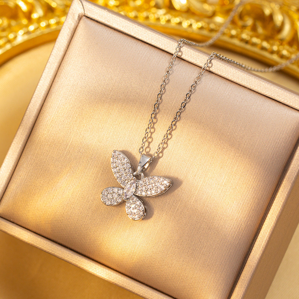 【titanium steel】luxury butterfly necklace for women - stainless steel, new design, unique, high-end copper inlaid with zircon jewelry set