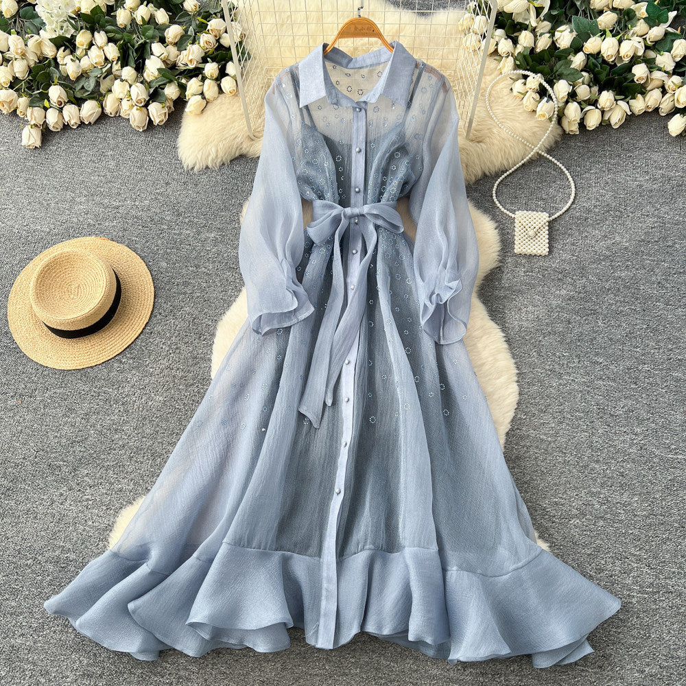Korean style light luxury long sleeve lantern sleeve mesh dress women's summer tie-waist a-line elegant maxi dress for work