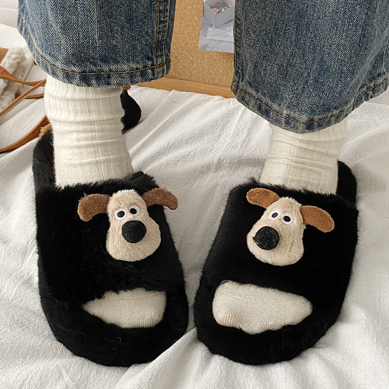 New cartoon puppy fuzzy slippers - stylish women's outdoor wear, cute home casual korean style cotton slippers, winter fuzzy shoes for going out
