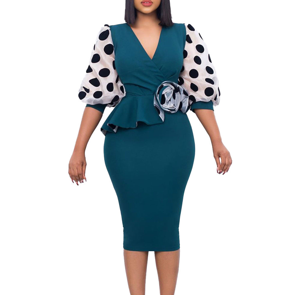 D3166  foreign trade plus size women's clothing  new fashion polka dot mesh patchwork v-neck european and american style dress