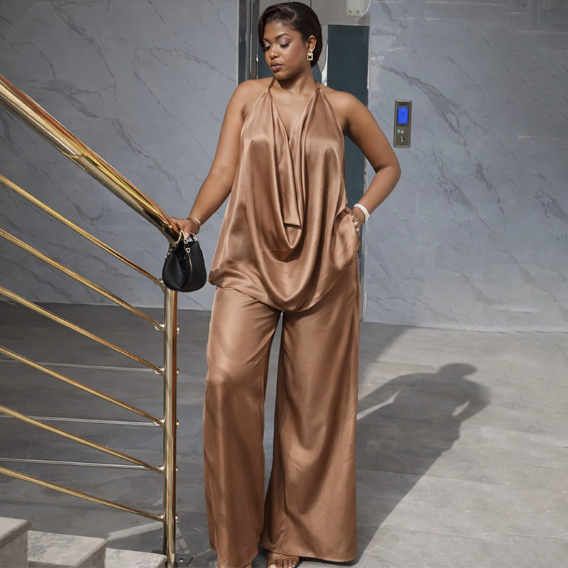 European and american cross-border african women's fashion  spring/summer new collection: solid color camisole top and high-waisted pants casual set