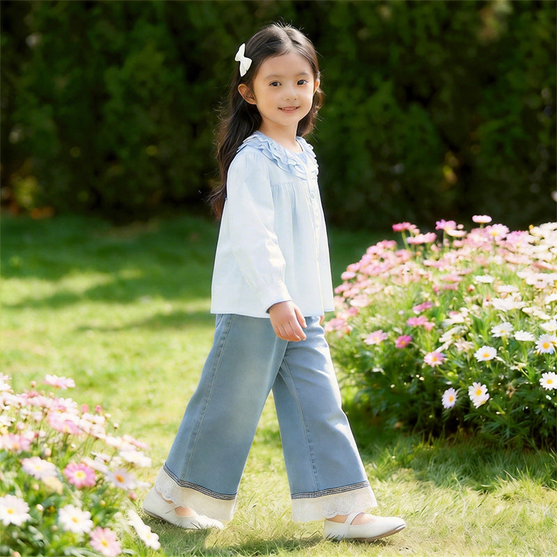 Spring new korean style girls' lace denim jeans - trendy, casual, and stylish kids' fashion pants for baby girls