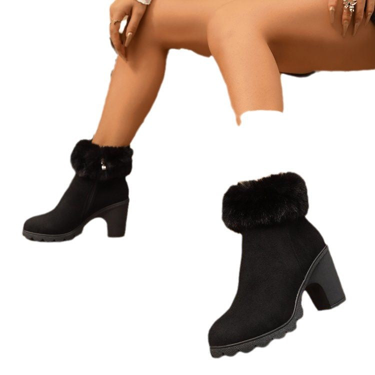 New arrivalbootsshortfall and winter fur women's boots side zipper high heel fashion boots cross-border plus sizeheattech cotton boots for women