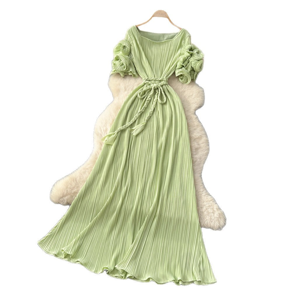 French-inspired pleated, waist-cinching, slimming dress for women. red, tie-waist, elegant, and flowy maxi dress, perfect for the office