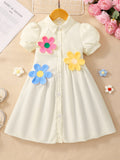 Girls' (toddler) dress, collared solid color dress with 3d floral appliqué