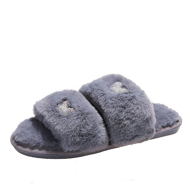 2024 new plus size indoor/outdoor flat pearl rhinestone butterfly cotton slippers - women's new fuzzy slippers