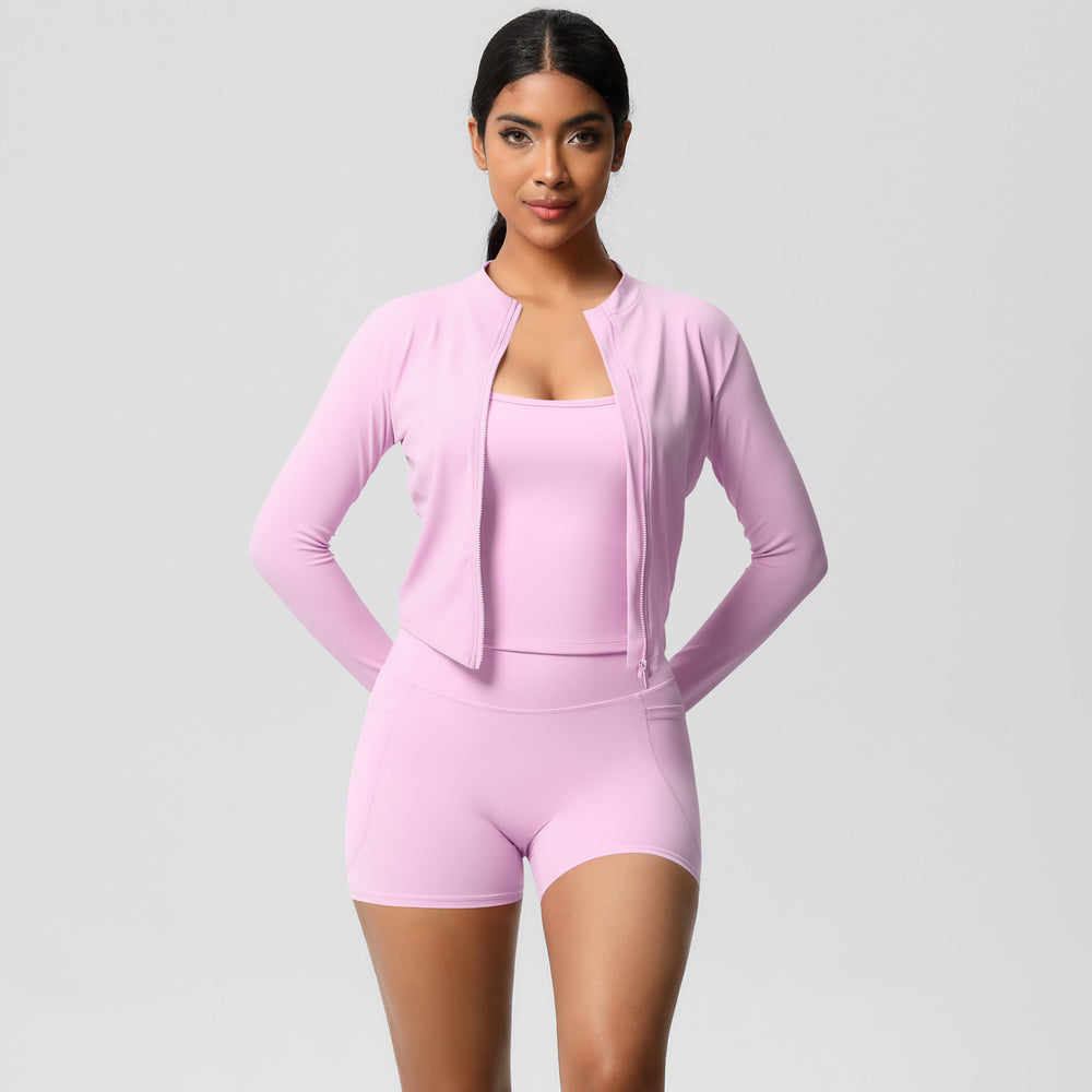 Cloud-feel outdoor leisure sports three-piece set: high-waisted, tight-fitting, pocketed, quick-dry yoga, pilates, running, and fitness apparel