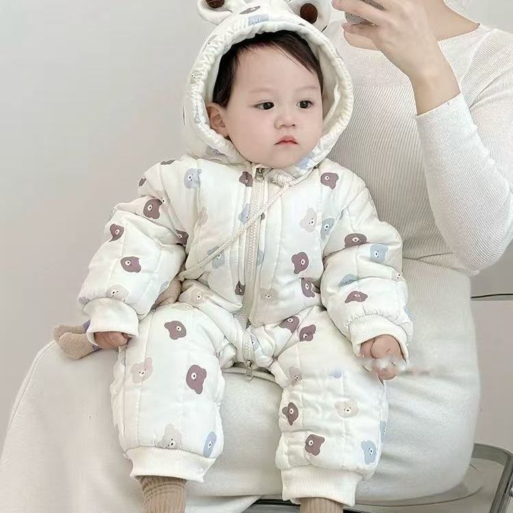 Newborn baby 100-day celebration bodysuit, infant winter clothes, thickened fleece-lined outfit, cartoon full month celebration winter wear