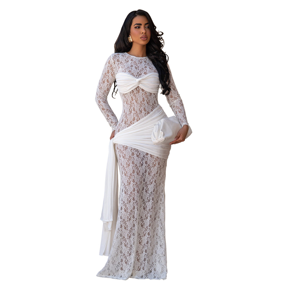 C7688 cross-border   fashion women's sexy round neck lace slim fit long sleeve dress