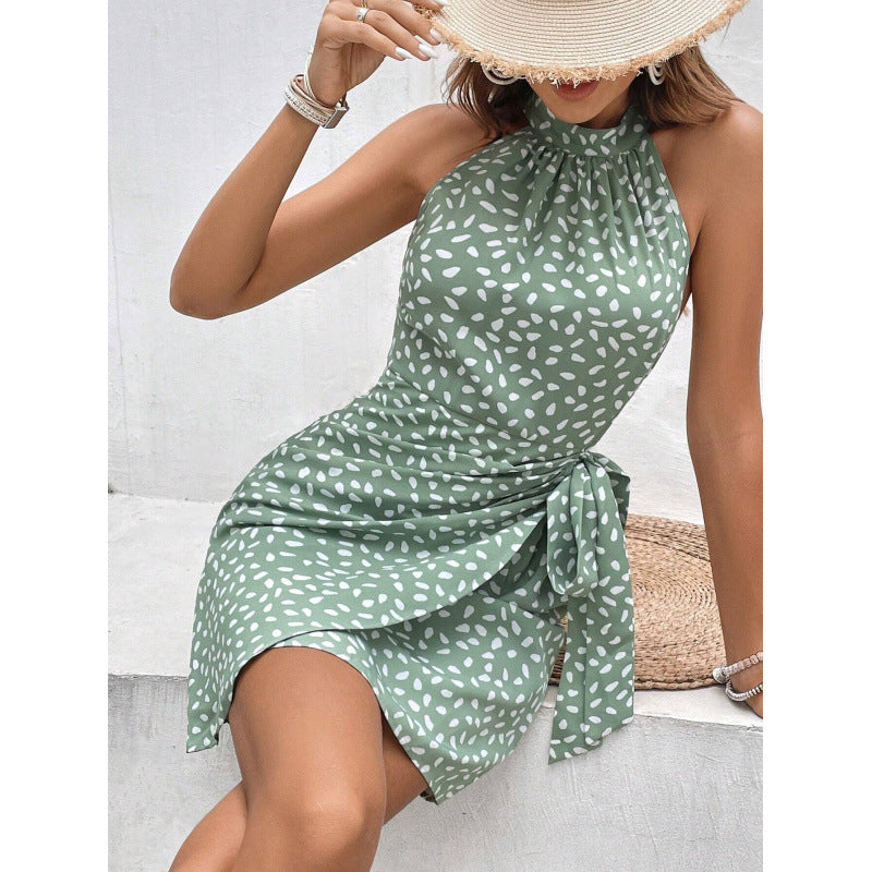 european and american cross-border women's summer fashion new style halter neck zipper sleeveless floral ruched mini dress